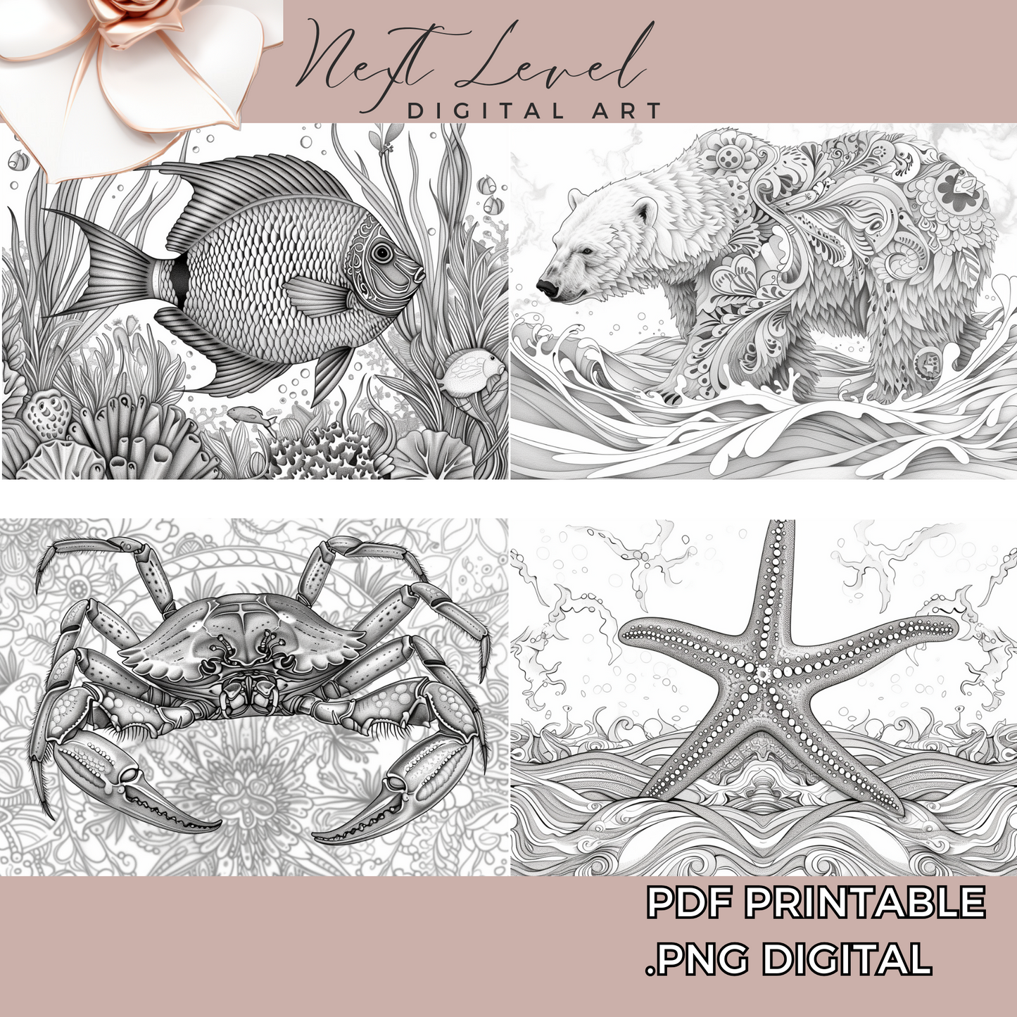 Ocean Coloring Sheets Detailed Adult Coloring Printable Grayscale Digital Coloring Book Pages Available in PDF | PNG For Procreate
