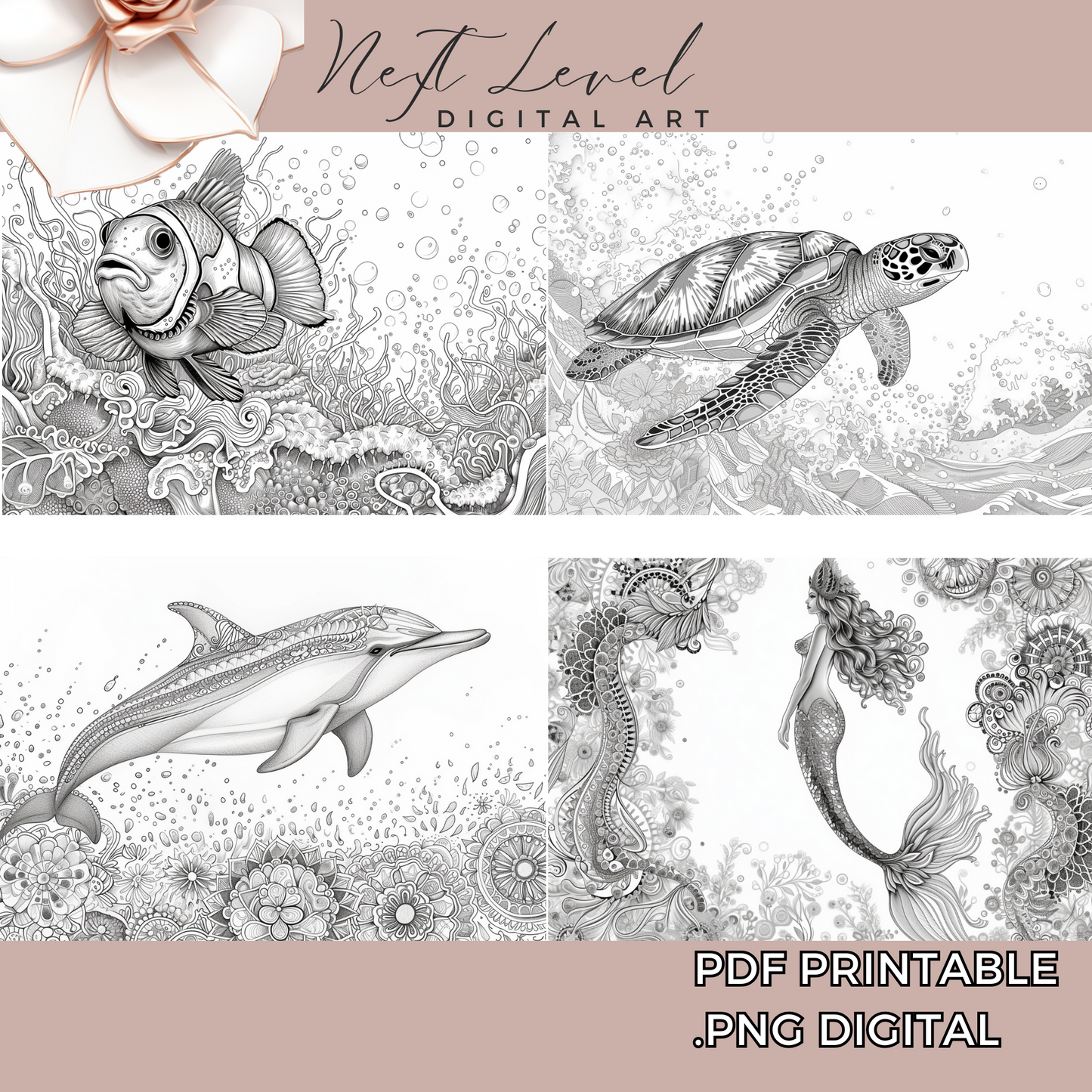 Ocean Coloring Sheets Detailed Adult Coloring Printable Grayscale Digital Coloring Book Pages Available in PDF | PNG For Procreate