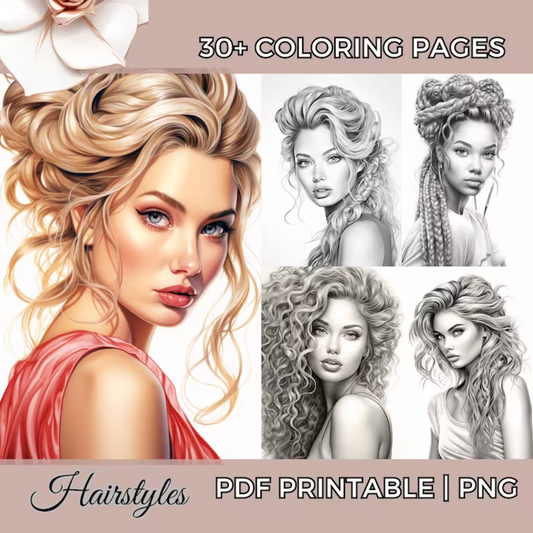Adult Coloring Book Pages In Beautiful Grayscale High Fashion Coloring Sheets Printable PDF - Hairstyle, Makeup - Procreate PNG Digital