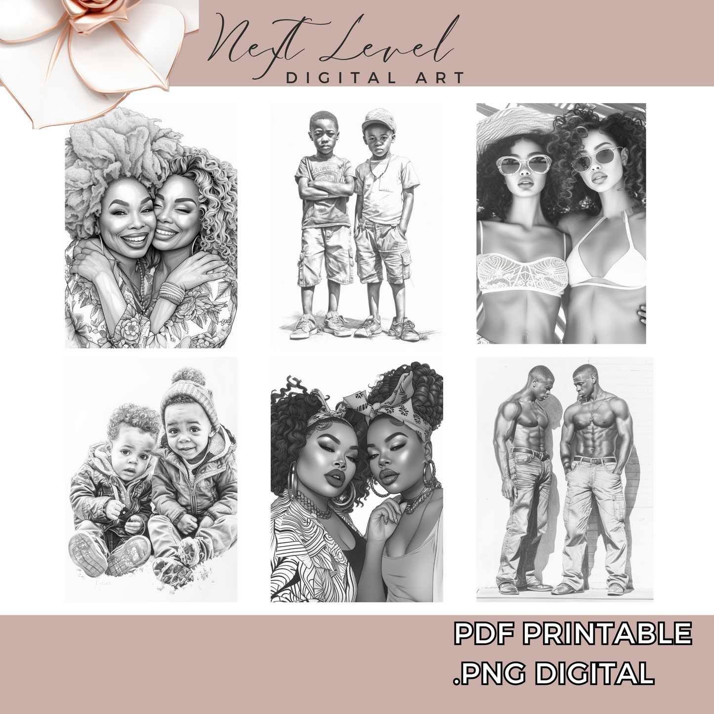 Best Friends Coloring Book Pages Afrocentric Grayscale Adult Coloring Sheets In Printable PDF and PNG For Procreate Digital Coloring