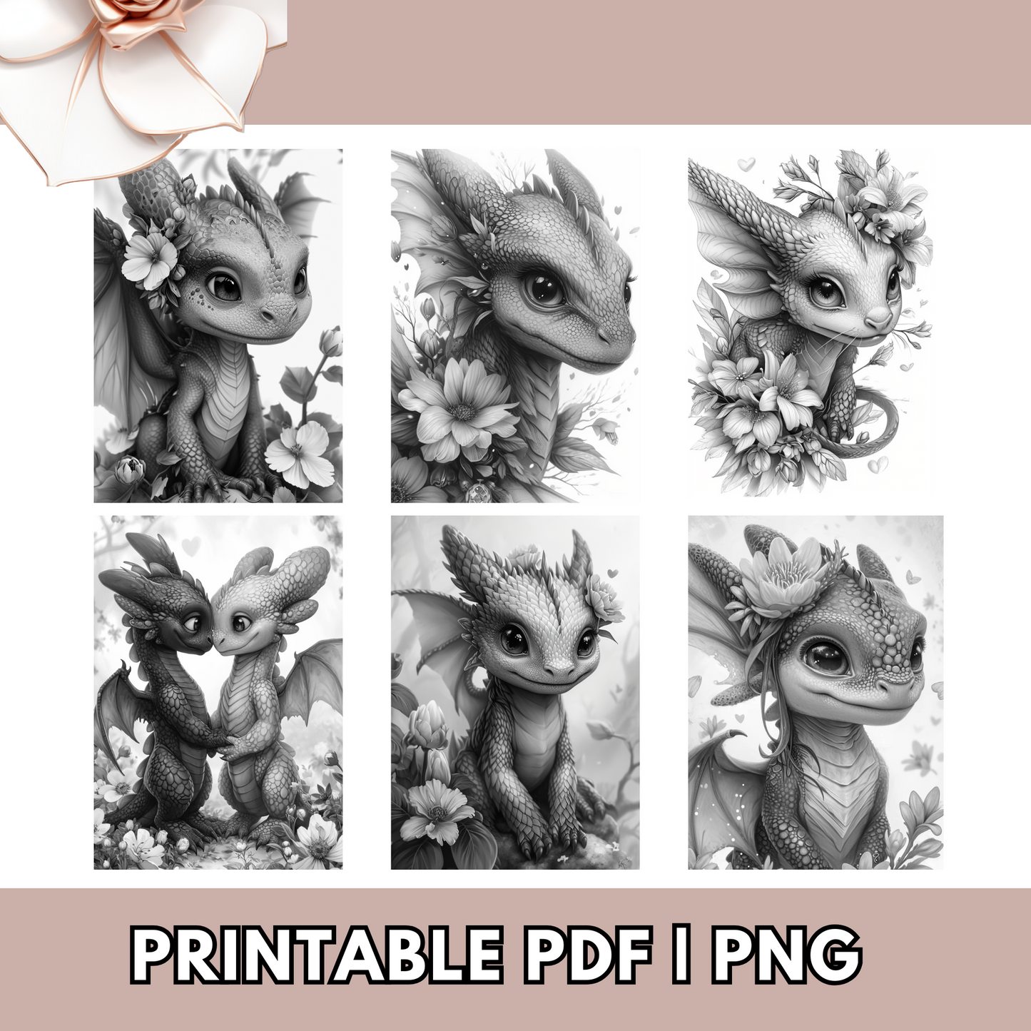 Valentines Coloring Pages DND Baby Dragons And Flowers Grayscale Available in Printable PDF, And PNG For Procreate Digital - Adults & Teens