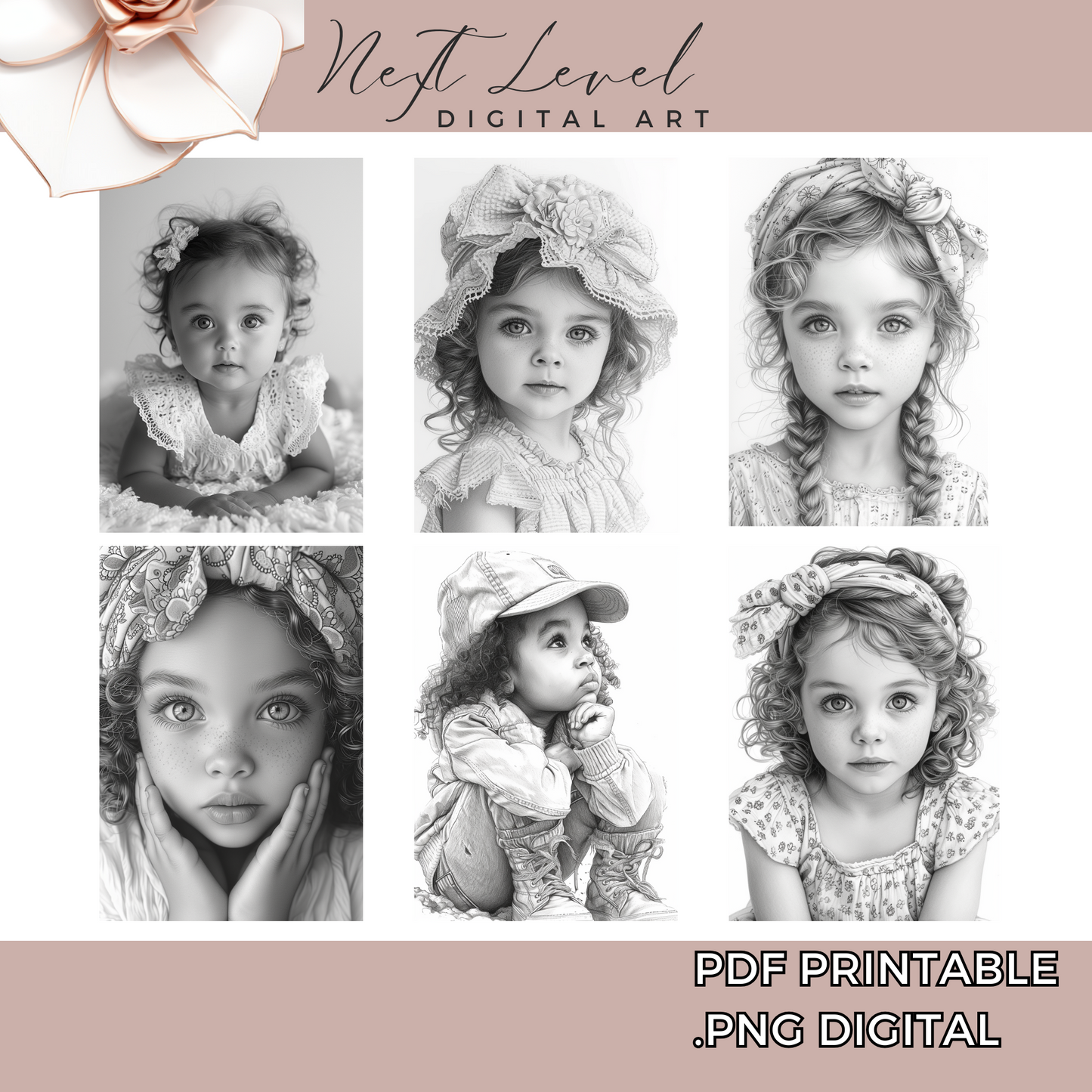 Cute Baby Girl Coloring Realistic Grayscale Coloring Pages Procreate Coloring Book Digital PNG Printable PDF Detailed Adult Coloring Sheets