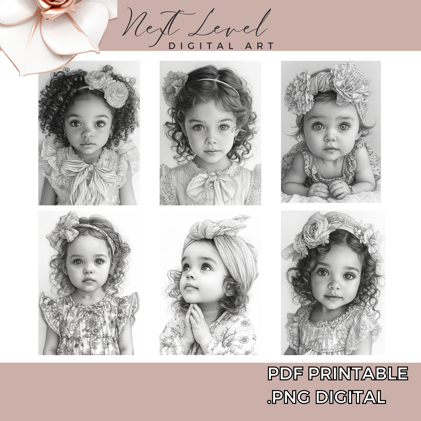 Cute Baby Girl Coloring Realistic Grayscale Coloring Pages Procreate Coloring Book Digital PNG Printable PDF Detailed Adult Coloring Sheets