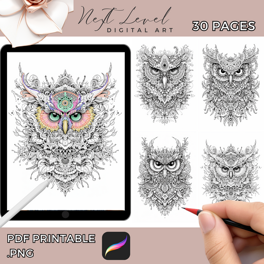 Adult Coloring Pages Printable Grayscale Owl Coloring Pages Detailed Coloring Available in PDF | PNG For Procreate Digital - Adults & Teens