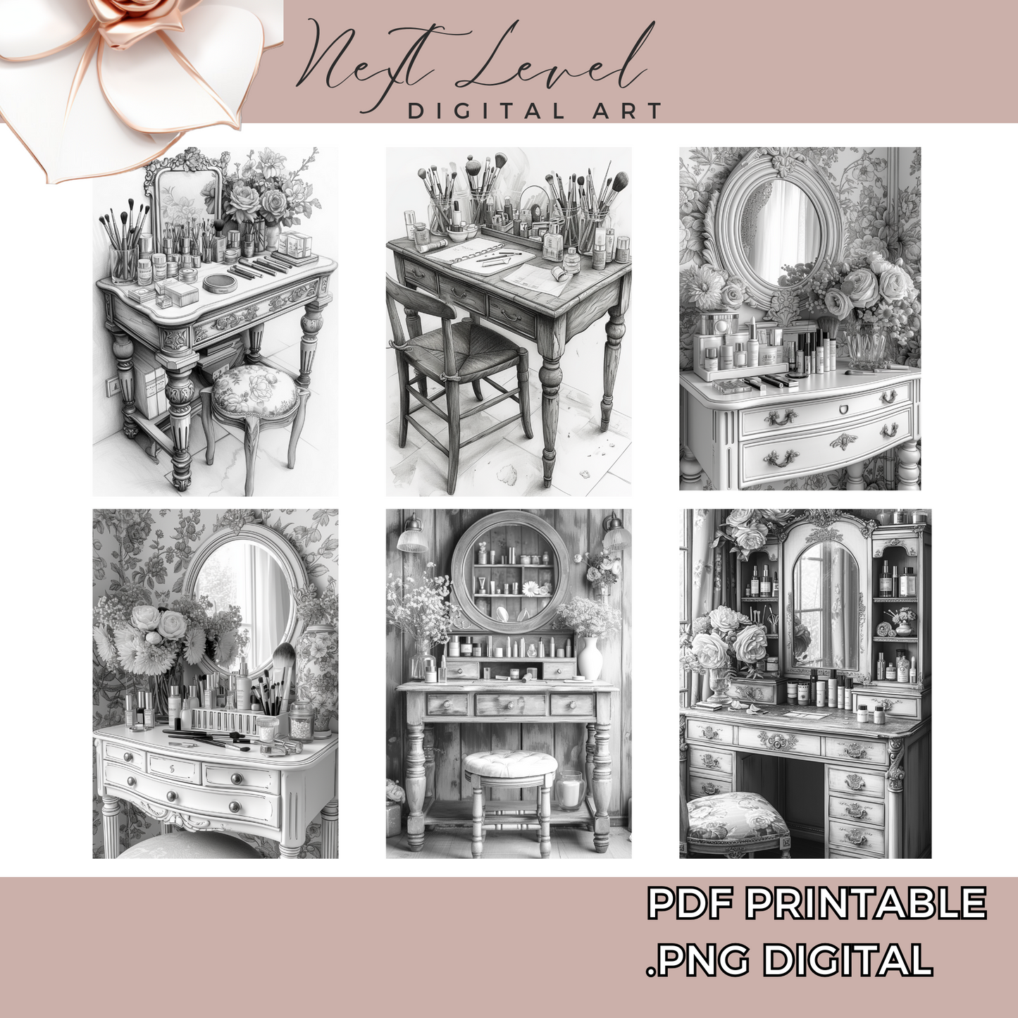 Interior Coloring Makeup Vanity Realistic Grayscale Coloring Pages Available in Printable PDF And PNG For Procreate Digital - Adults & Teens