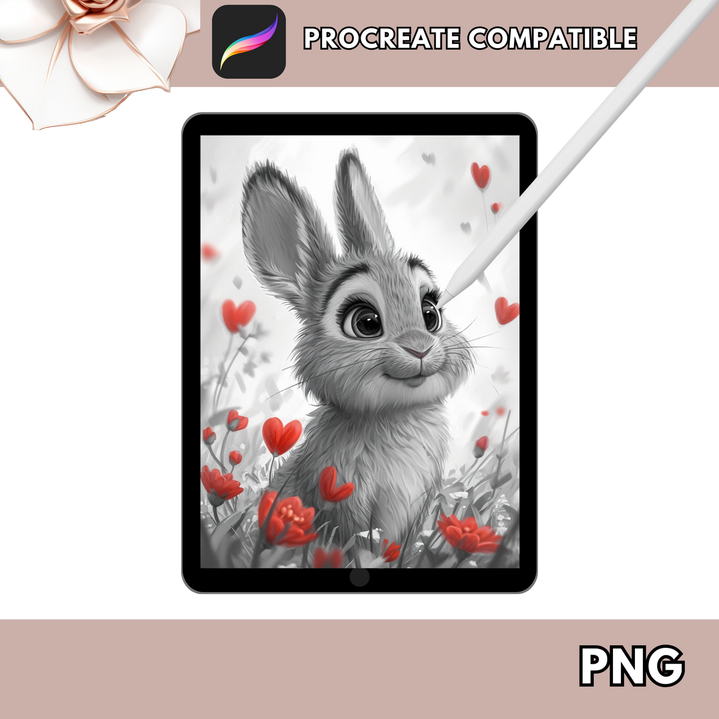 Valentines Coloring Cute Bunnies And Flowers Grayscale Available in Printable PDF, And PNG For Procreate Digital - Adults & Teens