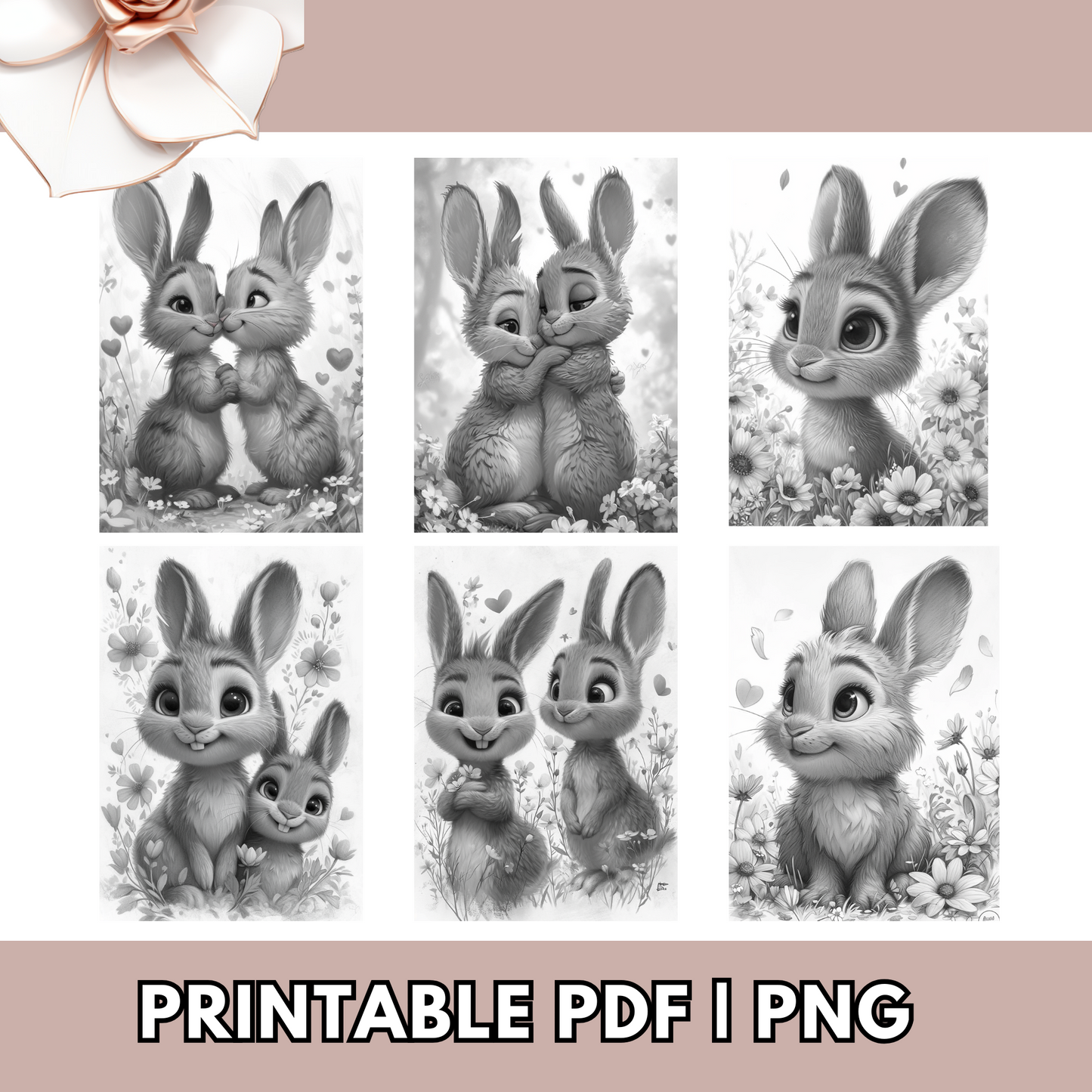 Valentines Coloring Cute Bunnies And Flowers Grayscale Available in Printable PDF, And PNG For Procreate Digital - Adults & Teens