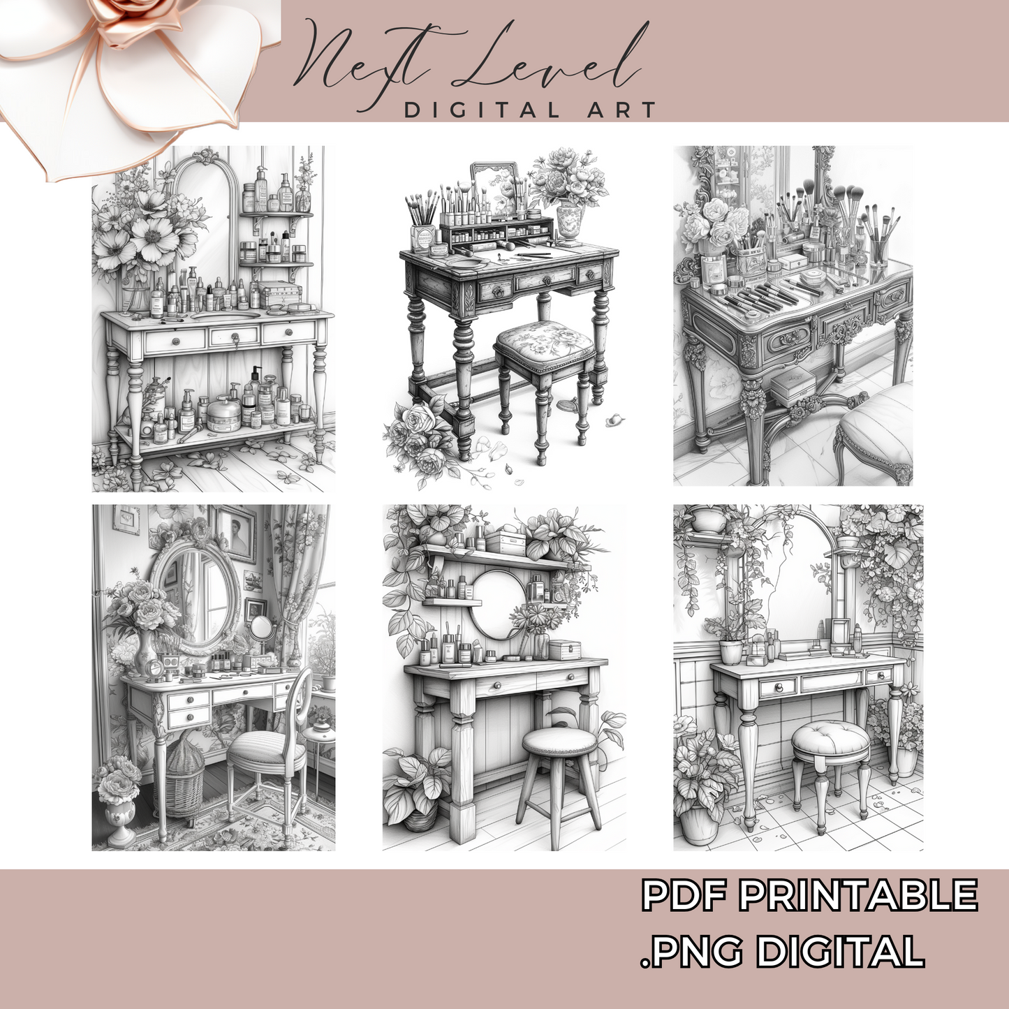 Interior Coloring Makeup Vanity Realistic Grayscale Coloring Pages Available in Printable PDF And PNG For Procreate Digital - Adults & Teens