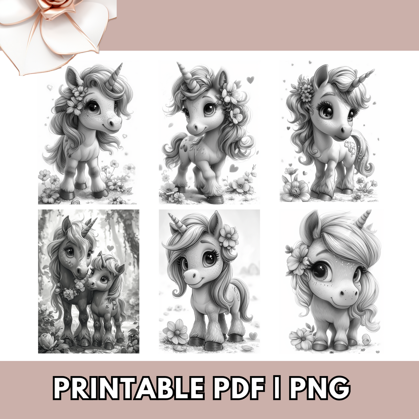 Valentines Coloring Cute Unicorns And Flowers Grayscale Available in Printable PDF, And PNG For Procreate Digital - Adults & Teens