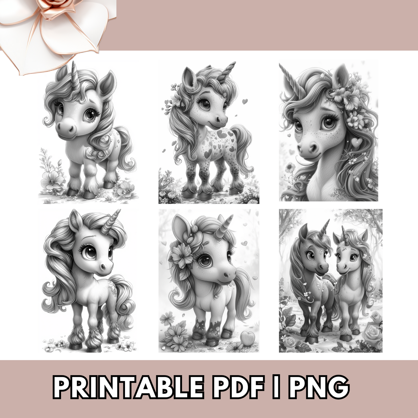 Valentines Coloring Cute Unicorns And Flowers Grayscale Available in Printable PDF, And PNG For Procreate Digital - Adults & Teens