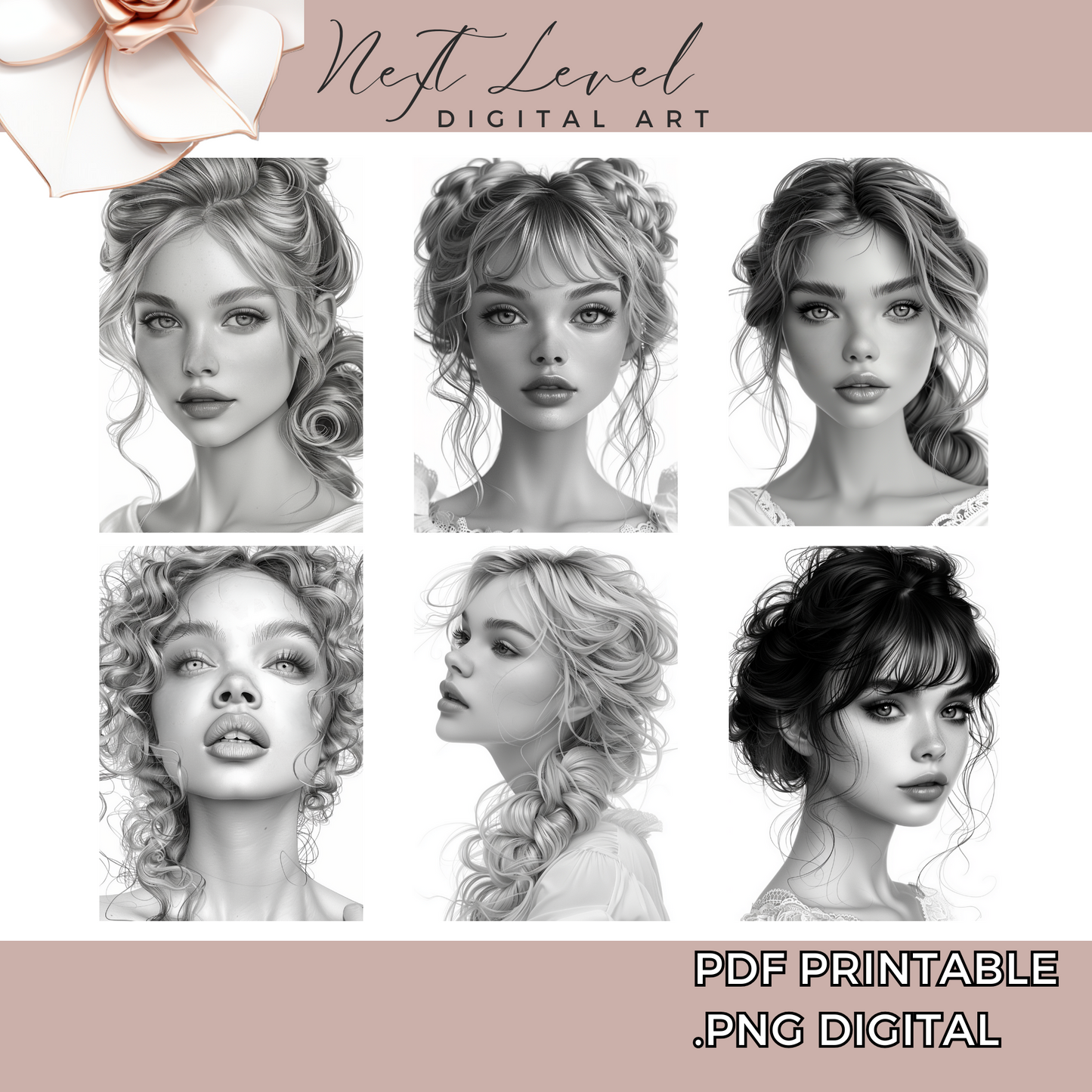 Women Coloring Procreate Coloring Book Hairstyles and Makeup Grayscale Coloring Pages Digital PNG Printable PDF Perfect For Adults and Teens