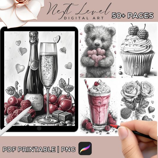 Valentines Coloring Grayscale Dessert Food Coloring Sheet Pages Available in Printable PDF, And PNG For Procreate Digital - Adults & Teens
