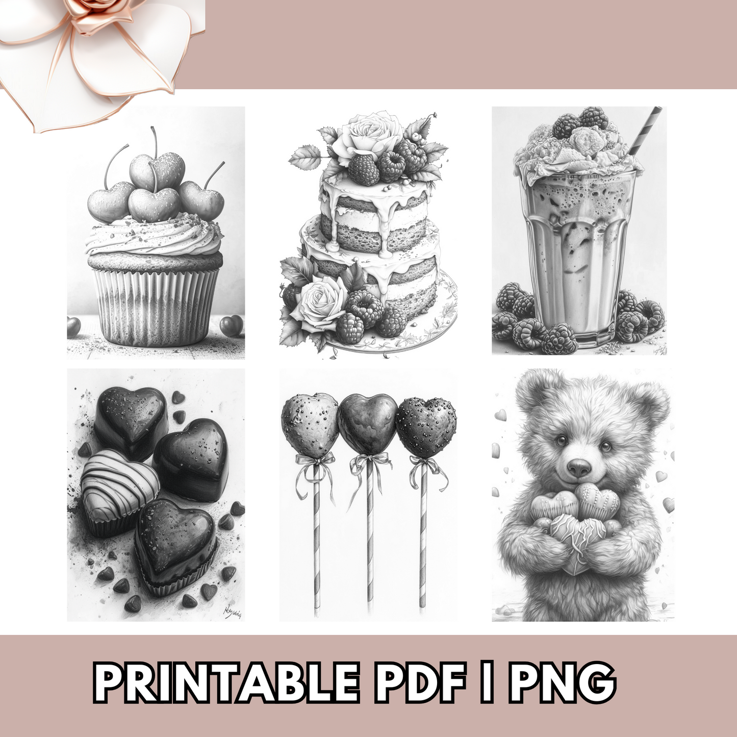 Valentines Coloring Grayscale Dessert Food Coloring Sheet Pages Available in Printable PDF, And PNG For Procreate Digital - Adults & Teens