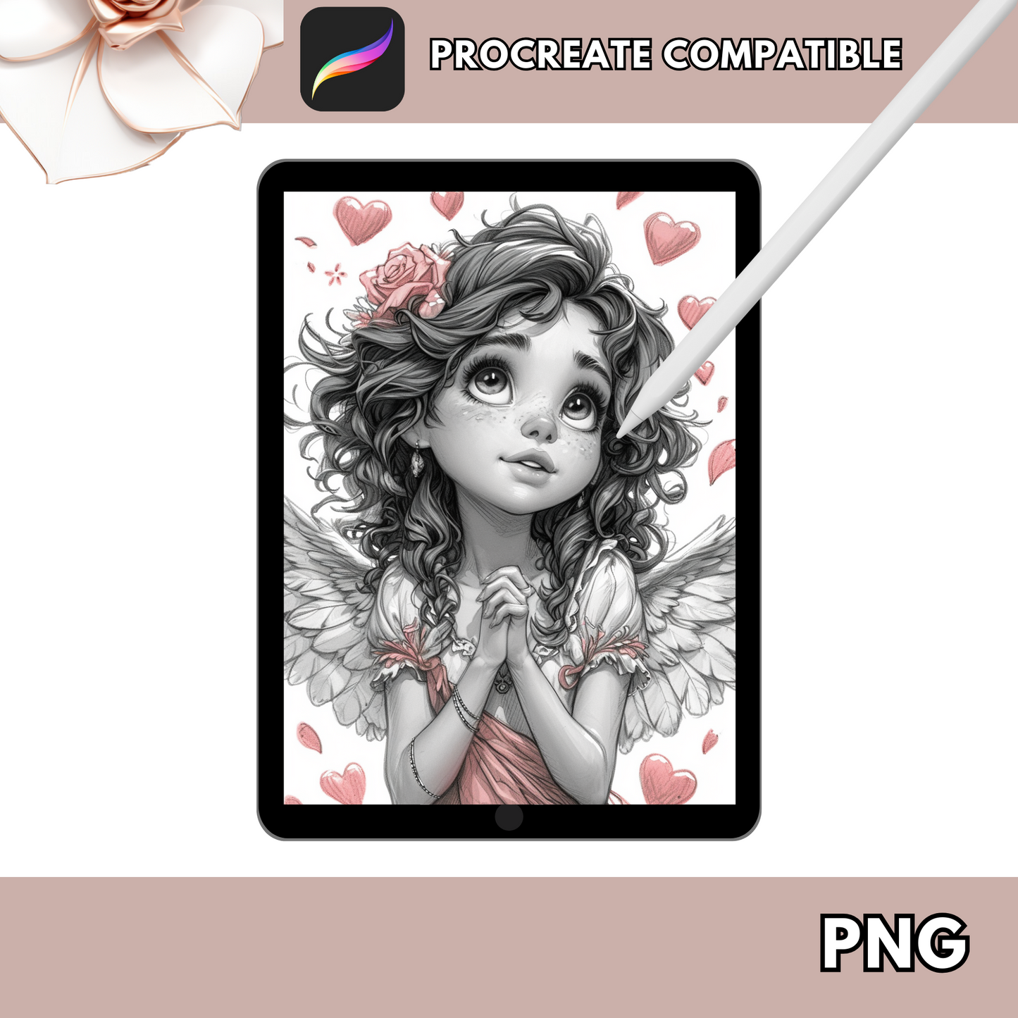 Valentines Coloring Grayscale Coloring Pages - Cupid Love - Available in Printable PDF And PNG For Procreate Digital - Adults & Teens