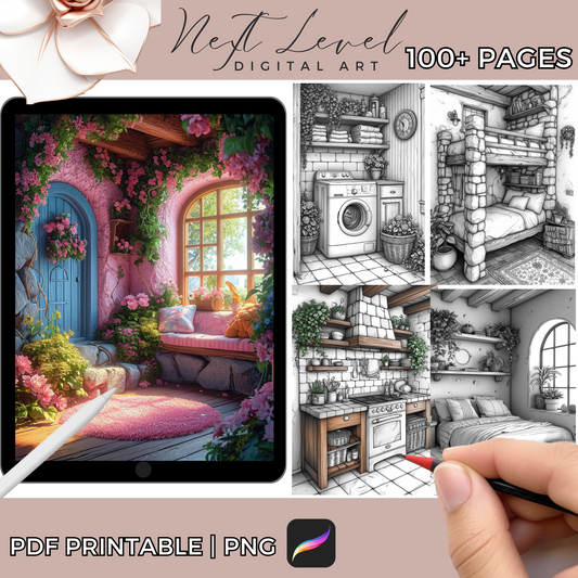 Fairy Coloring, Fairy Houses, Fairy Life, Grayscale Coloring Pages Available in Printable PDF And PNG For Procreate Digital - Adults & Teens