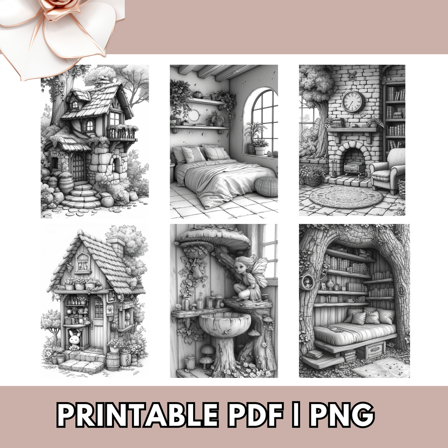 Fairy Coloring, Fairy Houses, Fairy Life, Grayscale Coloring Pages Available in Printable PDF And PNG For Procreate Digital - Adults & Teens