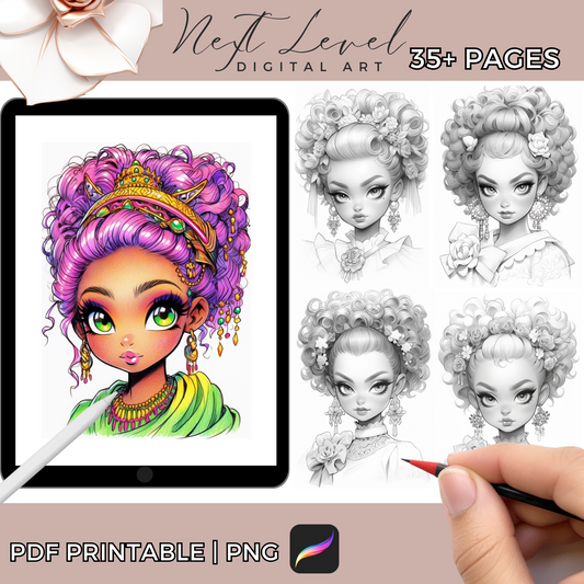 Women Coloring Grayscale Coloring Pages - Procreate Coloring - Available in Printable PDF And PNG For Digital Coloring - Adults & Teens