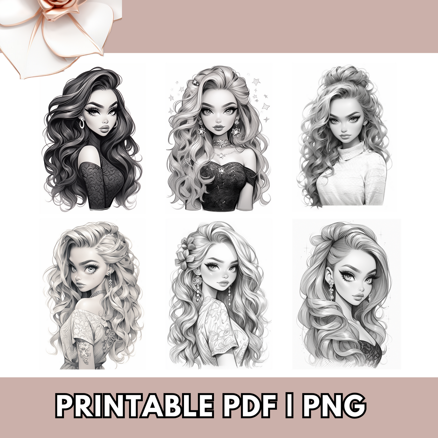 Women Coloring Procreate Coloring Book Hairstyles and Makeup Grayscale Coloring Pages Digital PNG Printable PDF Perfect For Adults and Teens