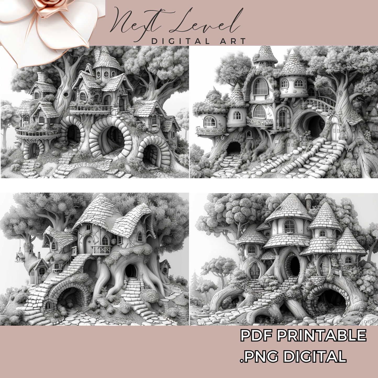 Fairy Coloring Pages For Adults, Grayscale Coloring Pages | Printable PDF And PNG For Procreate Fairytale Treehouses Digital Coloring Book