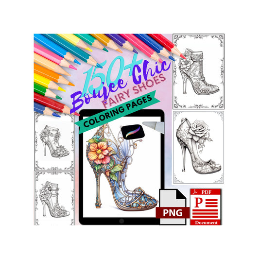 Beautiful Grayscale Coloring Pages, Boujee Chic Fairies Shoes Coloring Poster Printable PDF Pages MEGA Bundle, Procreate Digital Bundle PNG