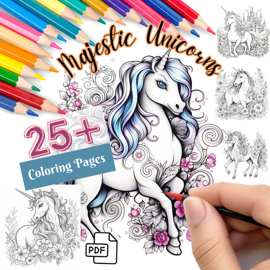 Grayscale Coloring Pages, Majestic Unicorns Printable Art Coloring Pages Bundle, For Adults And Kids Colouring Pages Instant Download PDF