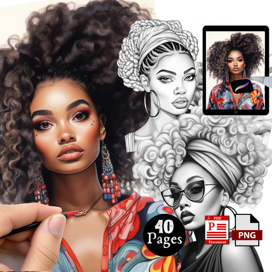 Beautiful Afrocentric Grayscale High Fashion Coloring Sheet Pages for Adults - Hairstyle, Makeup - Procreate Digital Download Printable PDF