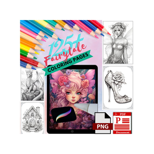 Beautiful Grayscale Coloring Pages, Fairytale Fantasy Fairies Coloring Poster Printable PDF Pages MEGA Bundle, Procreate Digital Bundle PNG
