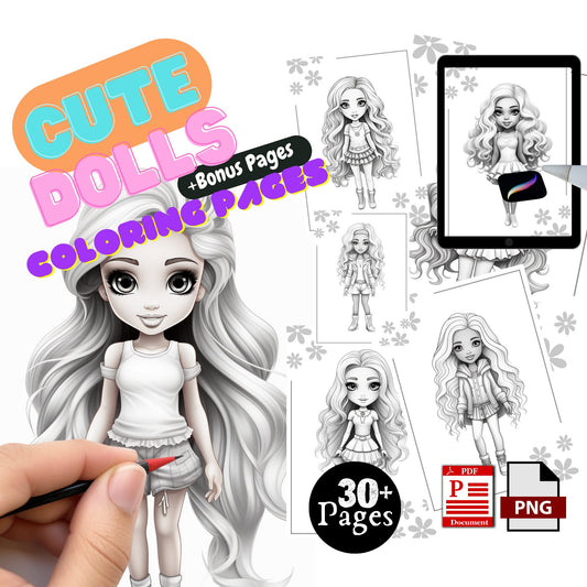 Beautiful Grayscale Colouring Pages, Cute Fashion Dolls Coloring Sheet Poster Printable PDF Pages Bundle, iPad Procreate Digital Bundle PNG