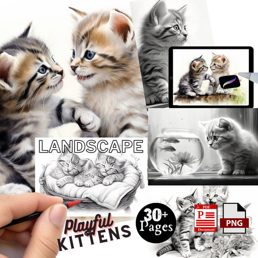 Realistic Grayscale Printable Coloring Book Pages for Adults - Playful Kittens Collection Procreate Digital PNG Download & Printable PDF