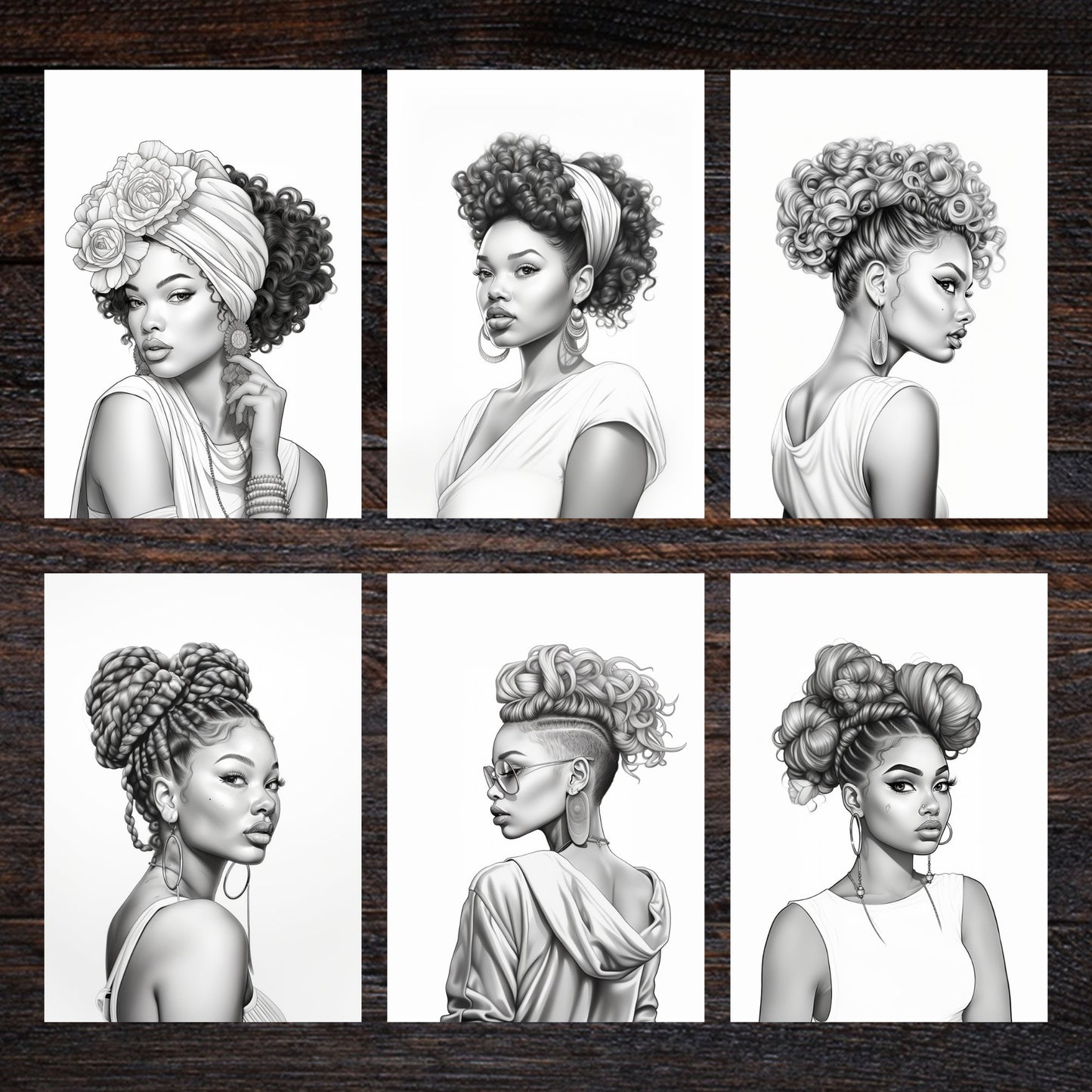 Beautiful Afrocentric Grayscale High Fashion Coloring Sheet Pages for Adults - Hairstyle, Makeup - Procreate Digital Download Printable PDF