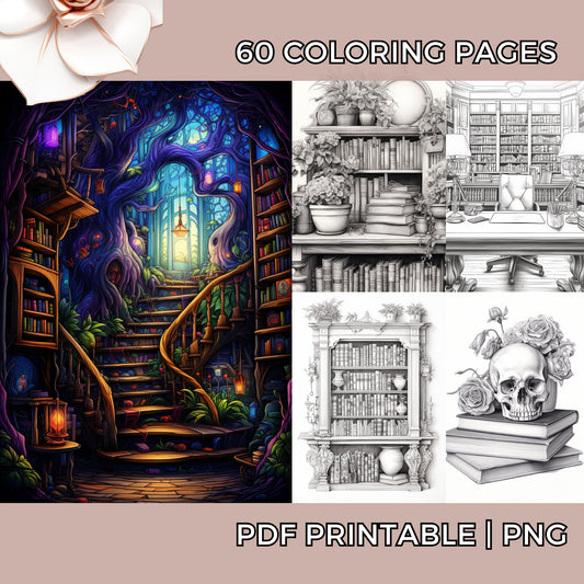 60+ Enchanted Witchy Library Adult Coloring Book Pages In Beautiful Grayscale Coloring Sheets Printable PDF - Procreate PNG Digital