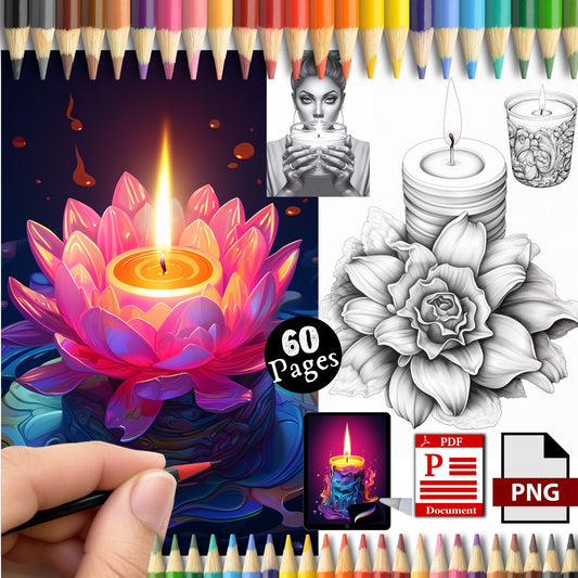 60 Candle Coloring Grayscale MEGA Bundle Coloring Book Poster Sheet Pages For Adults, PNG Procreate Digital Download Printable PDF