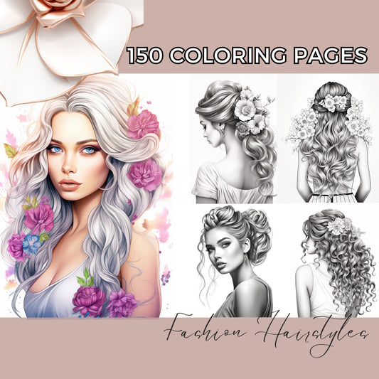 Hairstyles Coloring Pages In Beautiful Grayscale For Procreate PNG Digital Coloring and Printable Coloring Pages in PDF