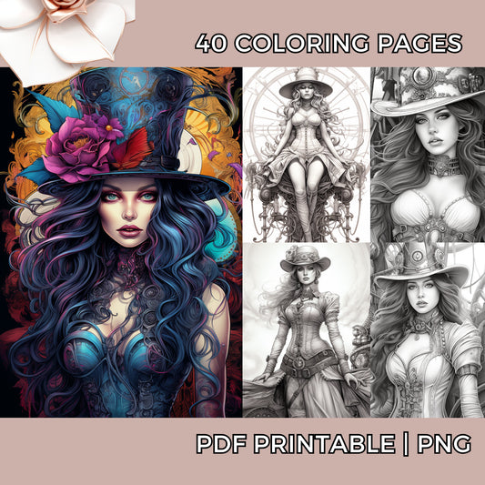 40 Enchanted Steampunk Witches Adult Coloring Book Pages In Beautiful Grayscale Coloring Sheets Printable PDF - Procreate PNG Digital