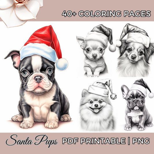 Cute Santa Hat Puppies Adult Coloring Book Pages In Beautiful Realistic Grayscale Coloring Sheets Printable PDF Procreate PNG Digital