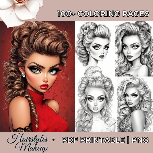 100+ Beauty Queens Grayscale High Fashion Colouring Sheet Pages for Adults - Hairstyle, Makeup - Procreate Digital Download Printable PDF