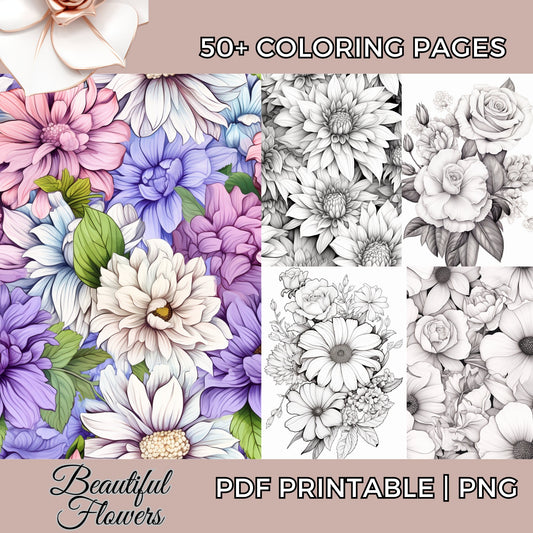 50+ Beautiful Floral Coloring Sheet Pages for Adults In Grayscale - Botanical Flower Coloring Book Bundle Digital PNG and Printable PDF