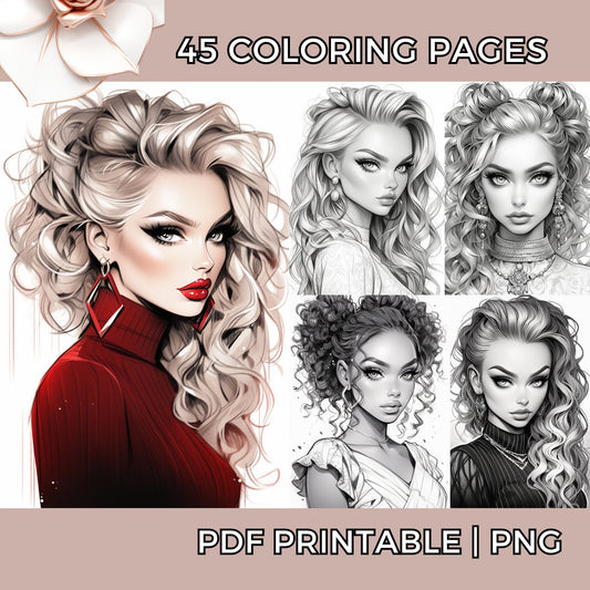 Vogue Vibes: A Stylish Fashion  Hairstyles and Makeup Coloring Book Grayscale Coloring Sheet Pages Adults Procreate Digital & Printable PDF