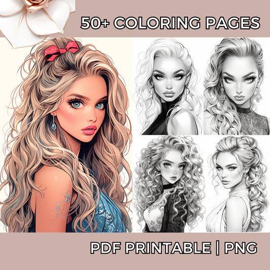 Chic Coloring Adventures: Hairstyles and Makeup Coloring Book | Grayscale Coloring Sheet Pages For Adults Procreate Digital & Printable PDF