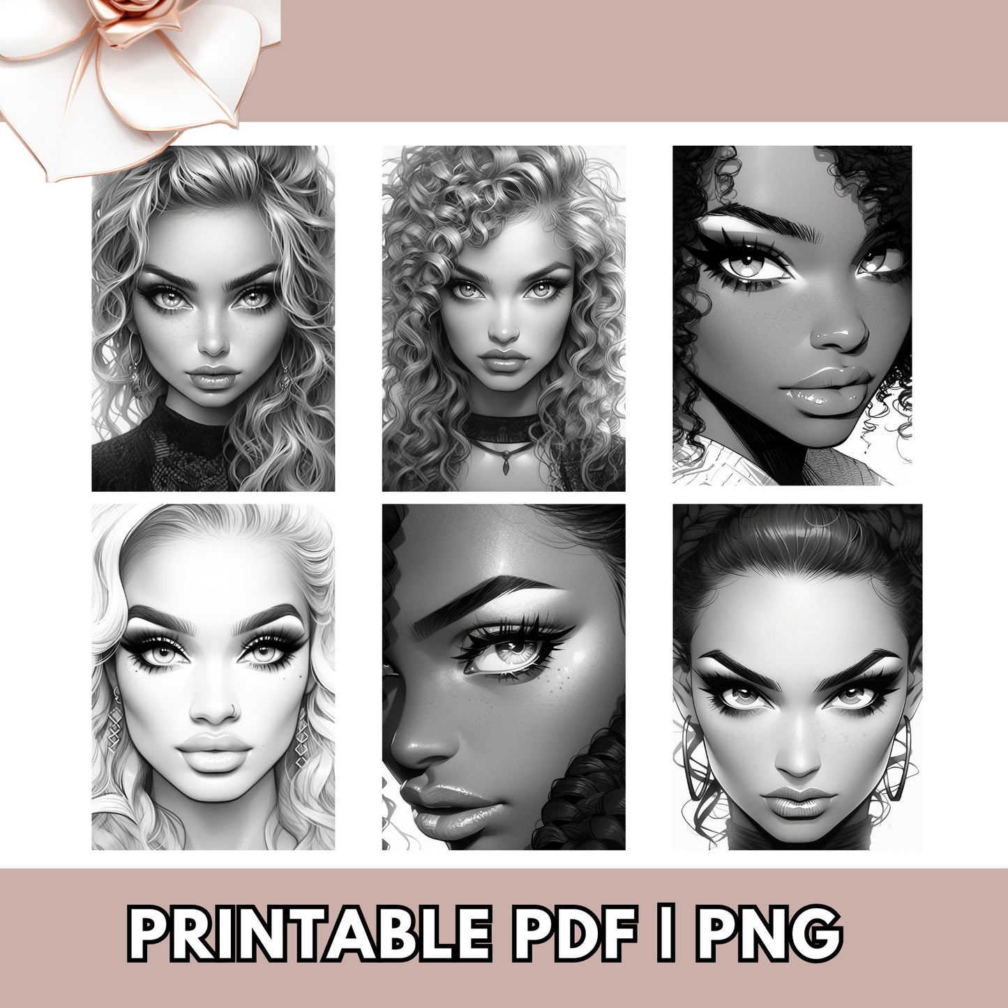 Procreate Coloring Book: Hairstyles and Makeup Expressions Grayscale Coloring Pages Digital PNG Printable PDF | Perfect For Procreate Stamp